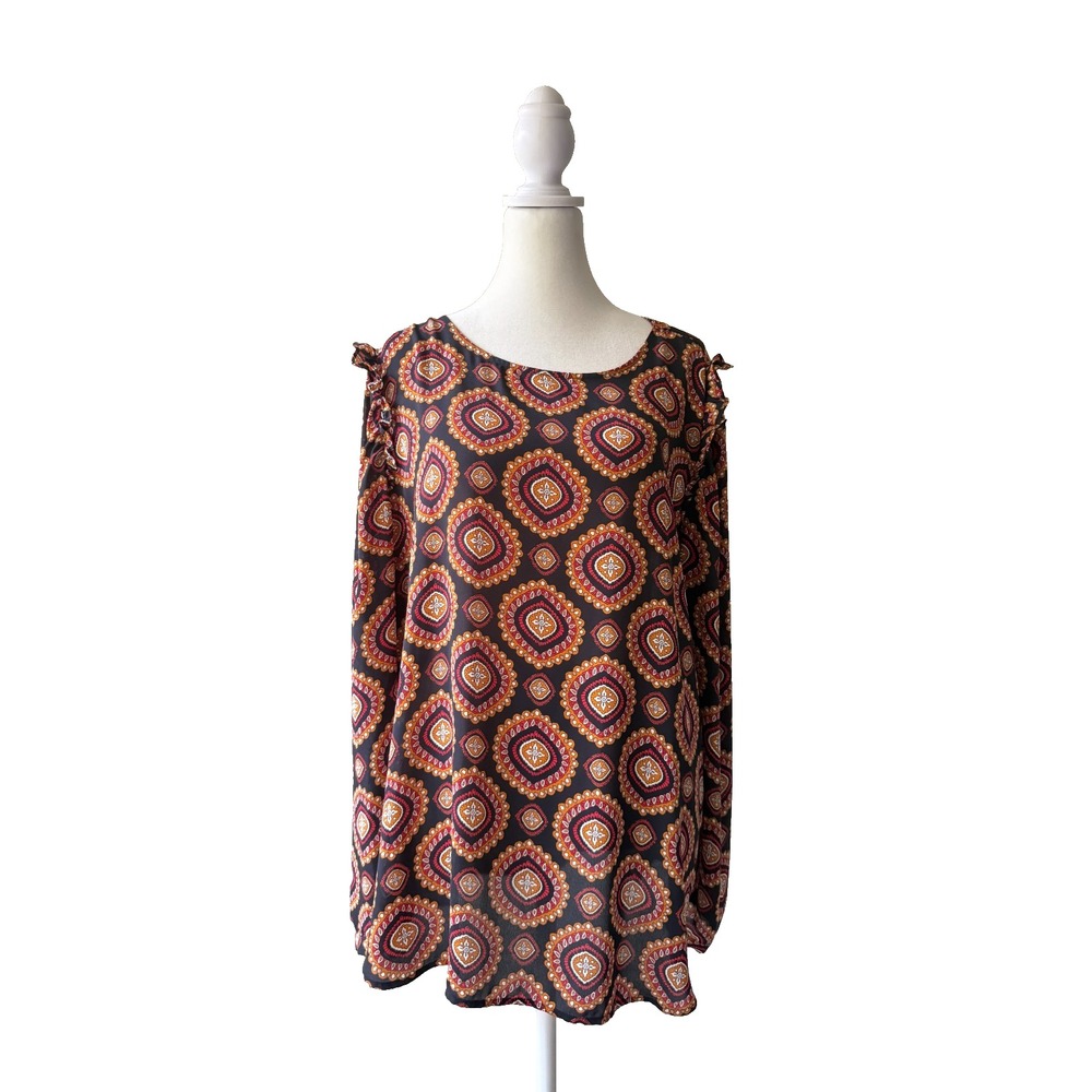 LOFT XL Blouse Black Red Orange Boho Medallion Print Long Sleeve Ruffle Shoulder